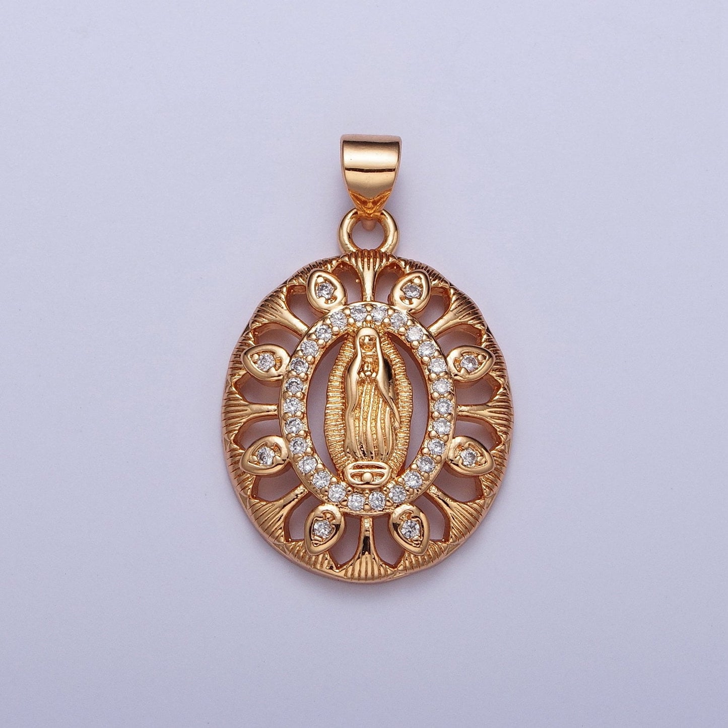Rose Gold CZ Virgin Mary Oval Flower Cut Pendant, 18K Gold Plated Clear Micro Paved CZ Our Lady of Guadalupe Floral Religious Charm | H-140