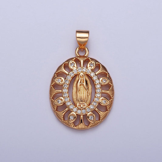 Rose Gold CZ Virgin Mary Oval Flower Cut Pendant, 18K Gold Plated Clear Micro Paved CZ Our Lady of Guadalupe Floral Religious Charm | H-140