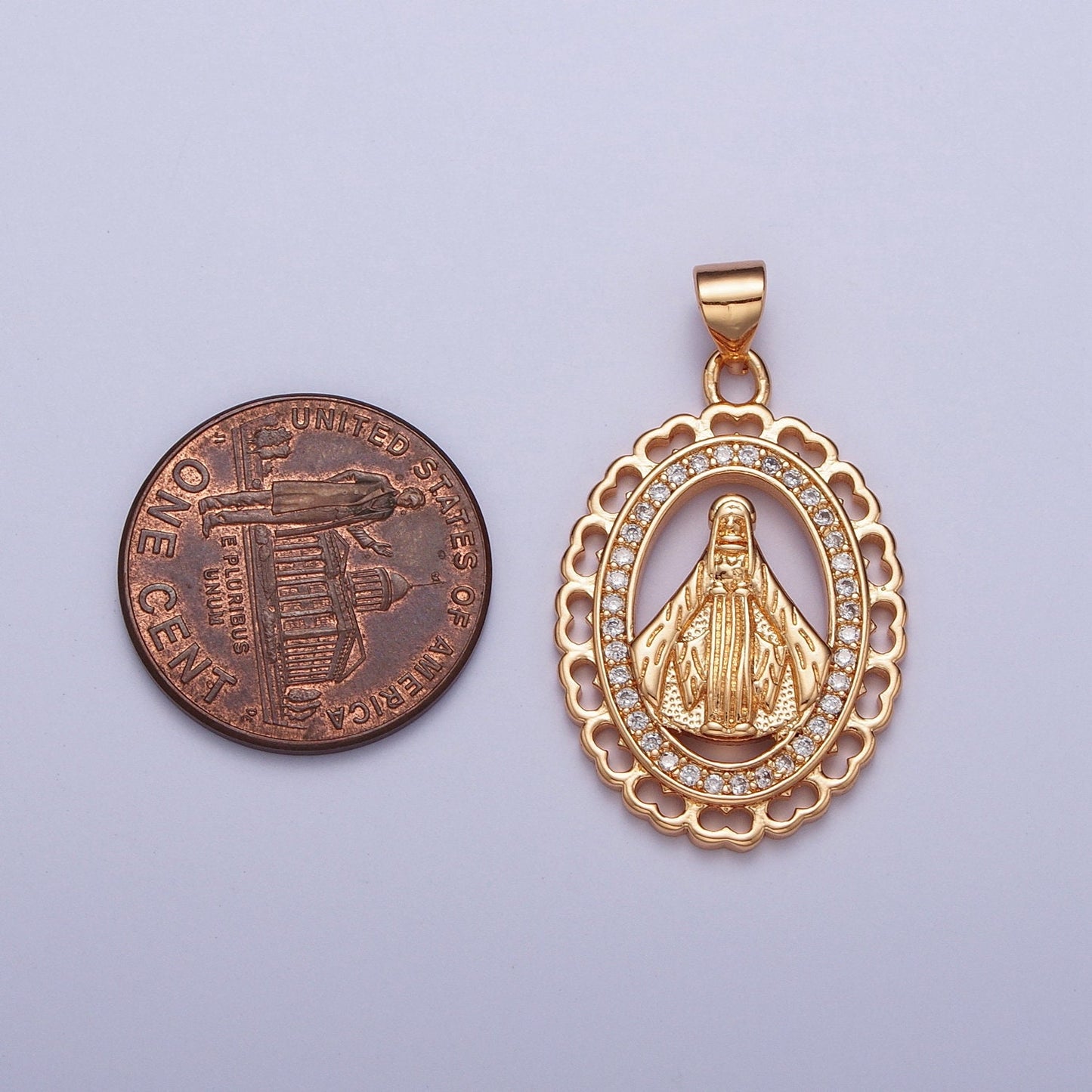 Gold CZ Religious Floral Pendant, 18K Gold Plated Clear Micro Paved CZ the Nossa Senhora Aparecida Decorative Edge Religious Charm | H-178