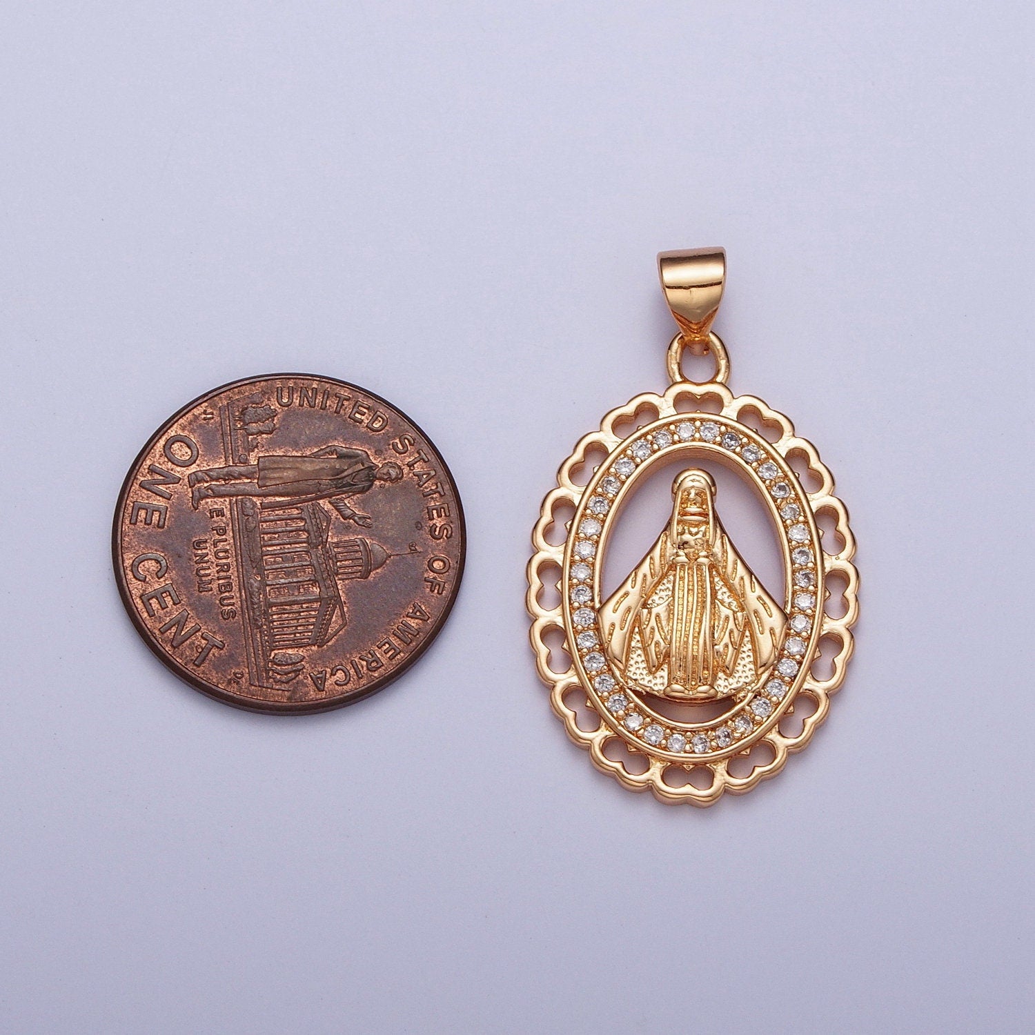 Gold CZ Religious Floral Pendant, 18K Gold Plated Clear Micro Paved CZ the Nossa Senhora Aparecida Decorative Edge Religious Charm | H-178