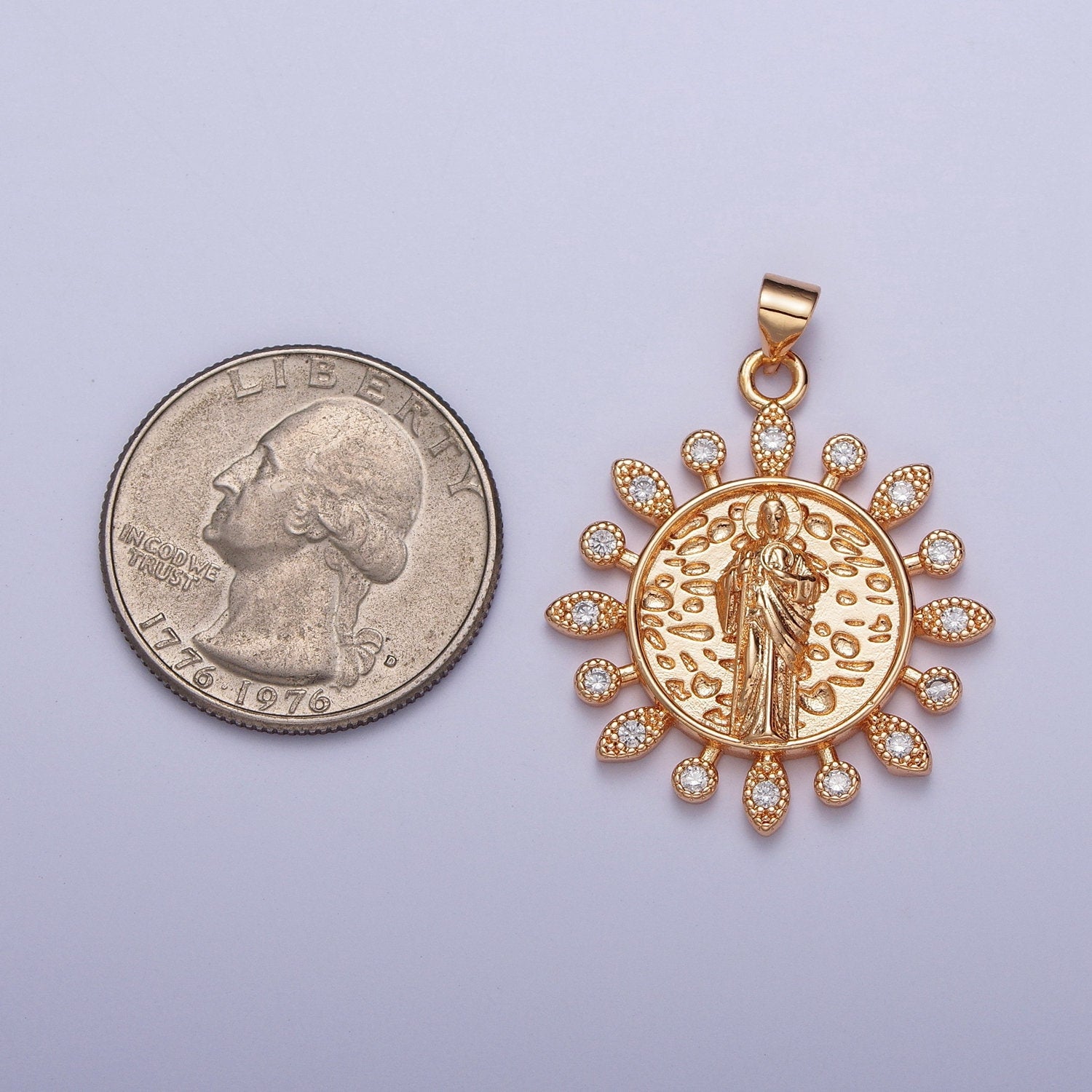 Rosy Tinted Gold Saint Jude Floral Medallion Pendant, 18K Gold Plated Micro Paved Clear CZ San Judas Hammered Decorative Coin Charm | H-191