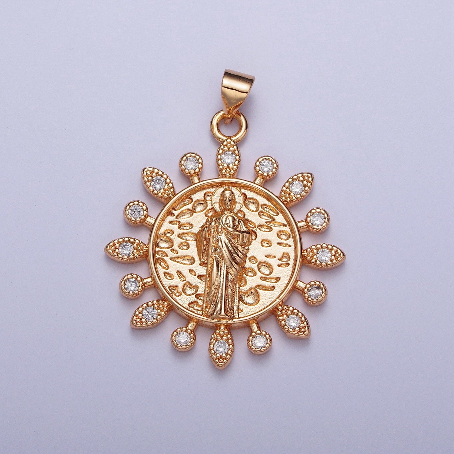 Rosy Tinted Gold Saint Jude Floral Medallion Pendant, 18K Gold Plated Micro Paved Clear CZ San Judas Hammered Decorative Coin Charm | H-191