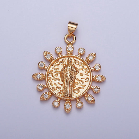 Rosy Tinted Gold Saint Jude Floral Medallion Pendant, 18K Gold Plated Micro Paved Clear CZ San Judas Hammered Decorative Coin Charm | H-191