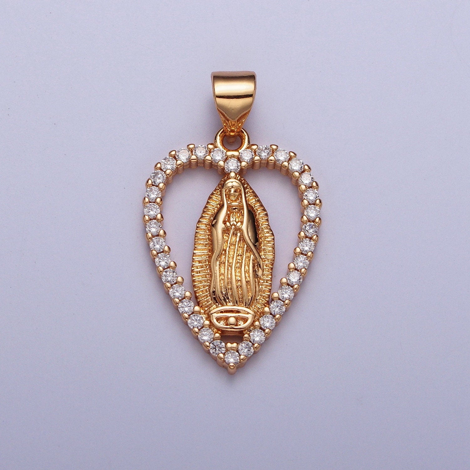 Rose Gold CZ Virgin Mary Heart Pendant, 18K Gold Plated Clear Micro Pave CZ Love Heart Our Lady of Guadalupe Religious Charm | X-680