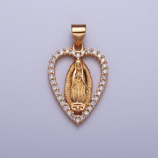 Rose Gold CZ Virgin Mary Heart Pendant, 18K Gold Plated Clear Micro Pave CZ Love Heart Our Lady of Guadalupe Religious Charm | X-680