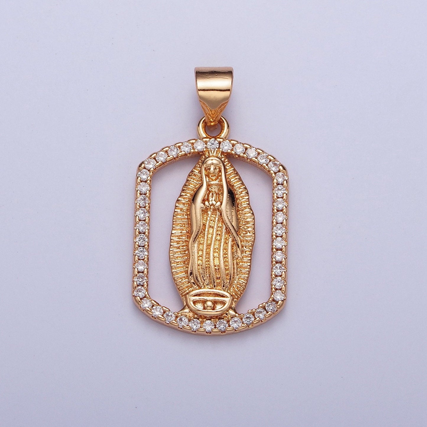 Rose Gold CZ Virgin Mary Heart Pendant, 18K Gold Plated Clear Micro Pave CZ Hollow Rectangular Our Lady of Guadalupe Religious Charm | H-187