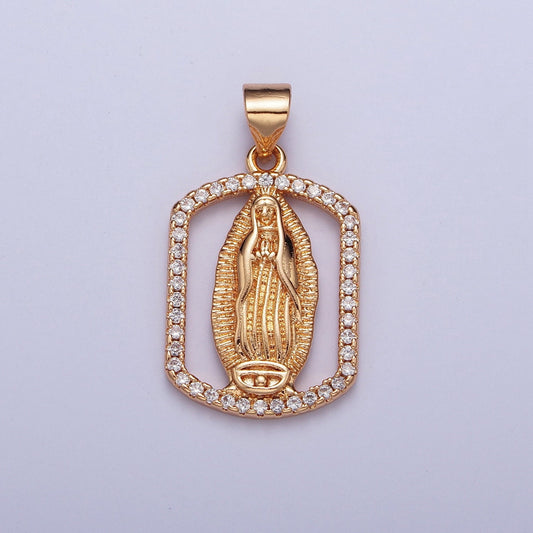Rose Gold CZ Virgin Mary Heart Pendant, 18K Gold Plated Clear Micro Pave CZ Hollow Rectangular Our Lady of Guadalupe Religious Charm | H-187