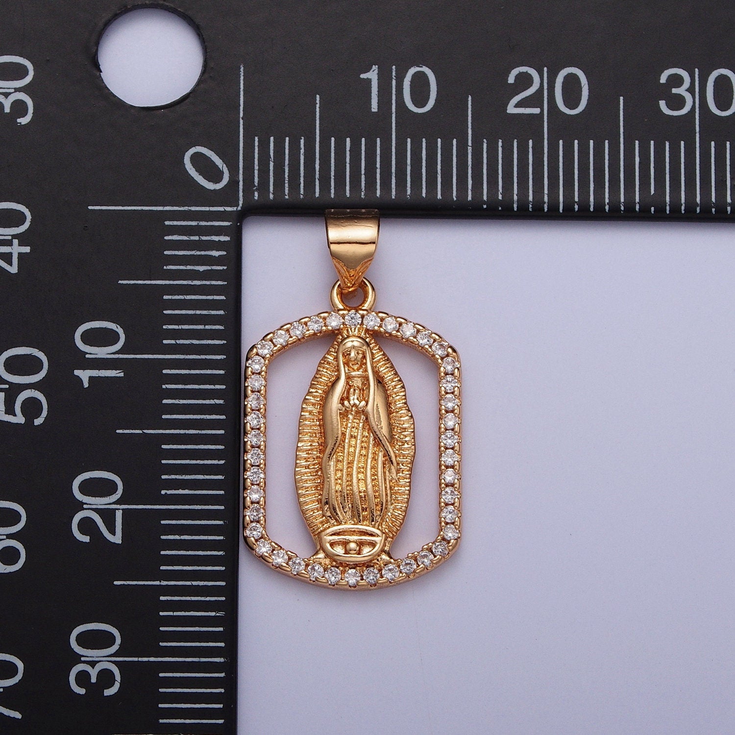 Rose Gold CZ Virgin Mary Heart Pendant, 18K Gold Plated Clear Micro Pave CZ Hollow Rectangular Our Lady of Guadalupe Religious Charm | H-187