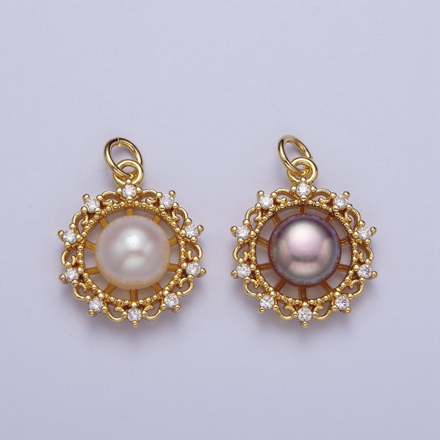 Elegant Purple White Round Shell Pearl Royalty Decorative Pendant, GP Micro Paved Clear CZ Royal Wheel Mother of Pearl Charm | N-676