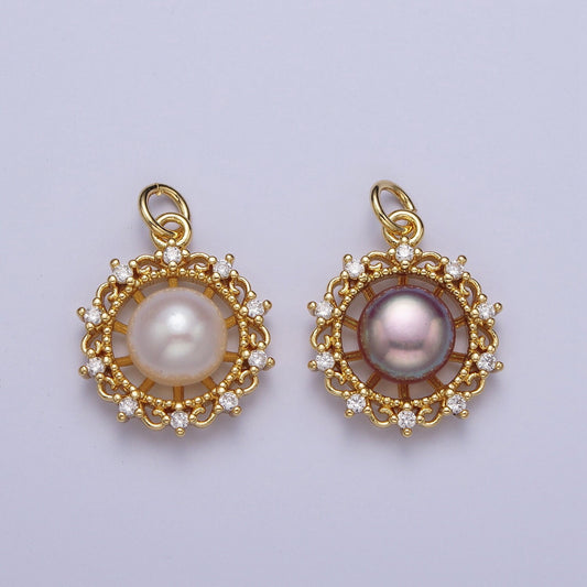 Elegant Purple White Round Shell Pearl Royalty Decorative Pendant, GP Micro Paved Clear CZ Royal Wheel Mother of Pearl Charm | N-676