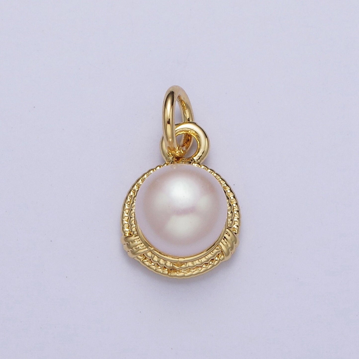 Elegant Purple White Round Shell Pearl Circular Pendant, Gold Plated Micro Paved Clear CZ Wheat Wreath Textured Edge Mother of Pearl Charm