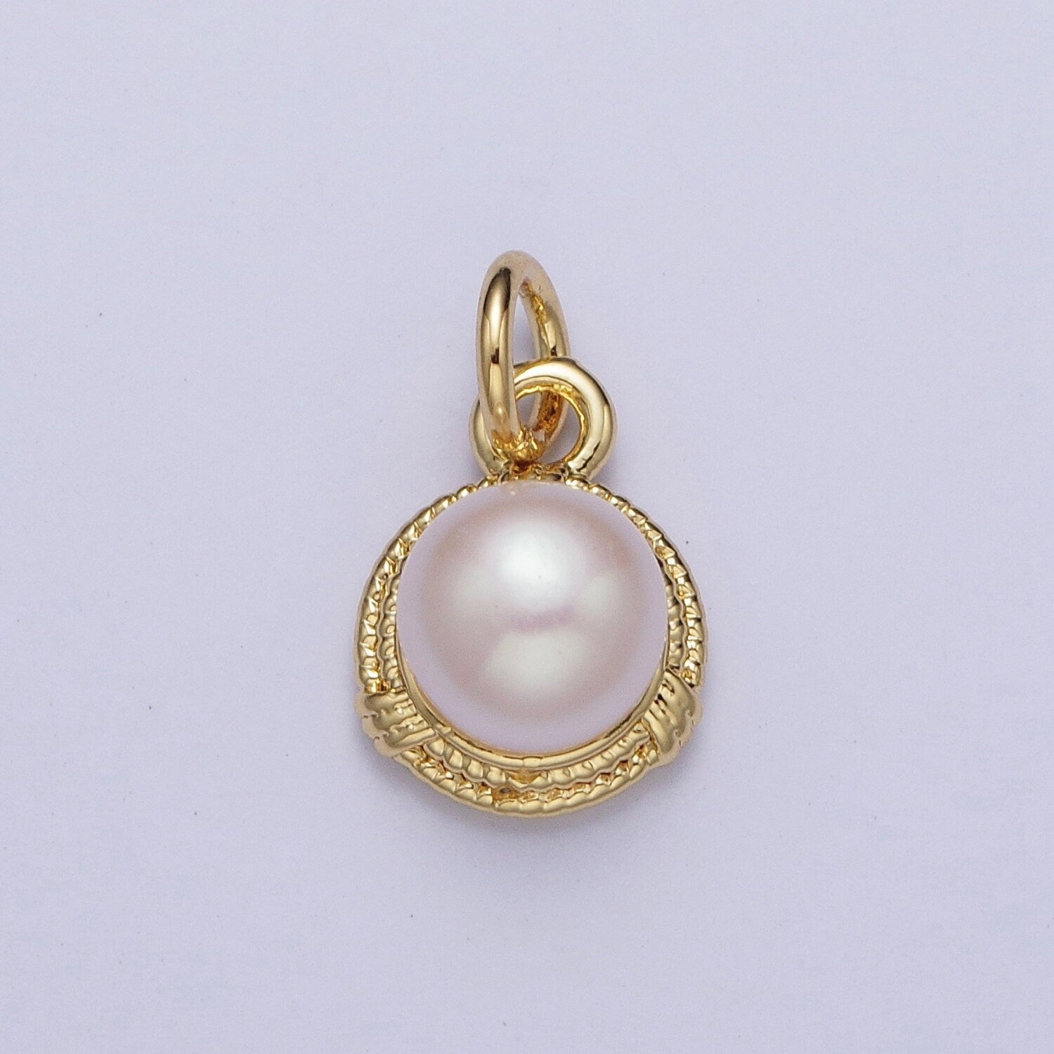 Elegant Purple White Round Shell Pearl Circular Pendant, Gold Plated Micro Paved Clear CZ Wheat Wreath Textured Edge Mother of Pearl Charm