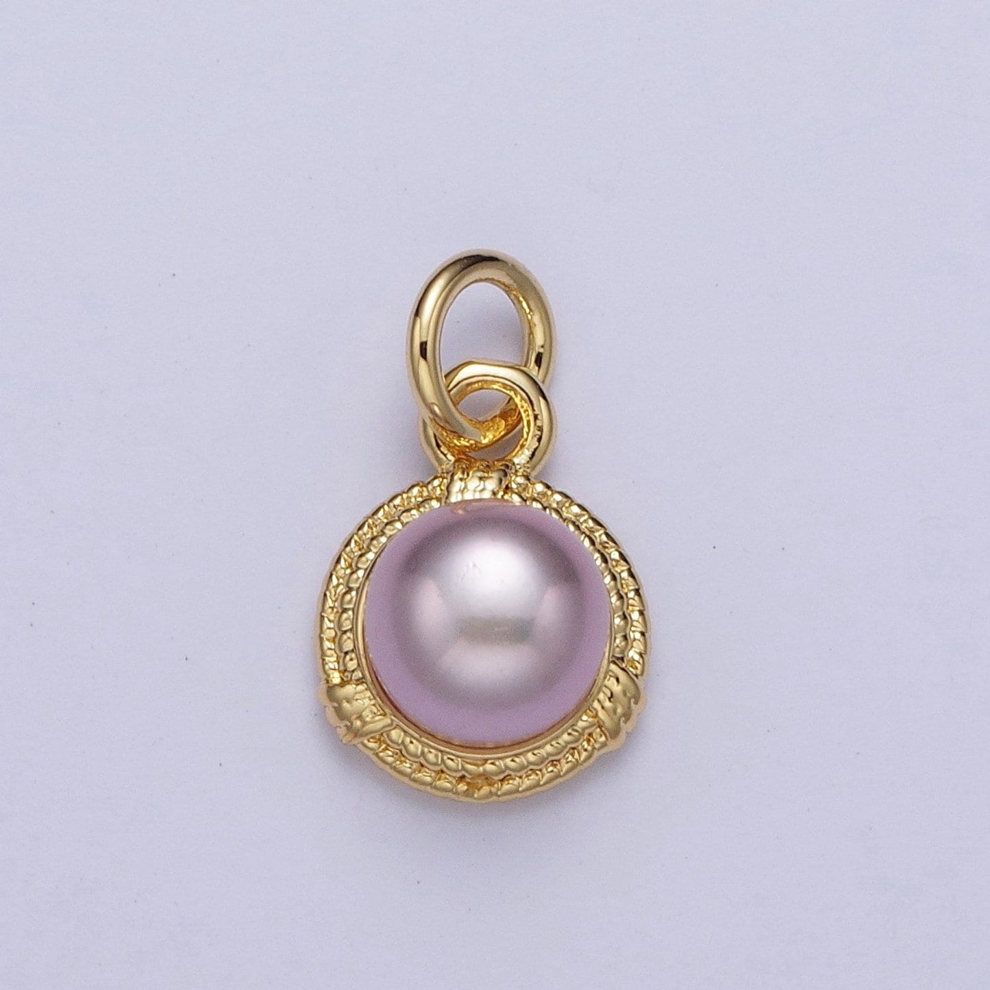 Elegant Purple White Round Shell Pearl Circular Pendant, Gold Plated Micro Paved Clear CZ Wheat Wreath Textured Edge Mother of Pearl Charm
