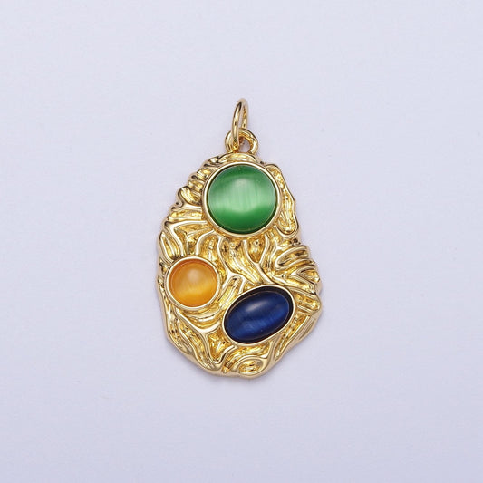 Gold Abstract Textured Pendant, 24K Gold Plated Green Yellow & Blue Cabochon Cat's Eye Gemstones Abstract Charm | N-456