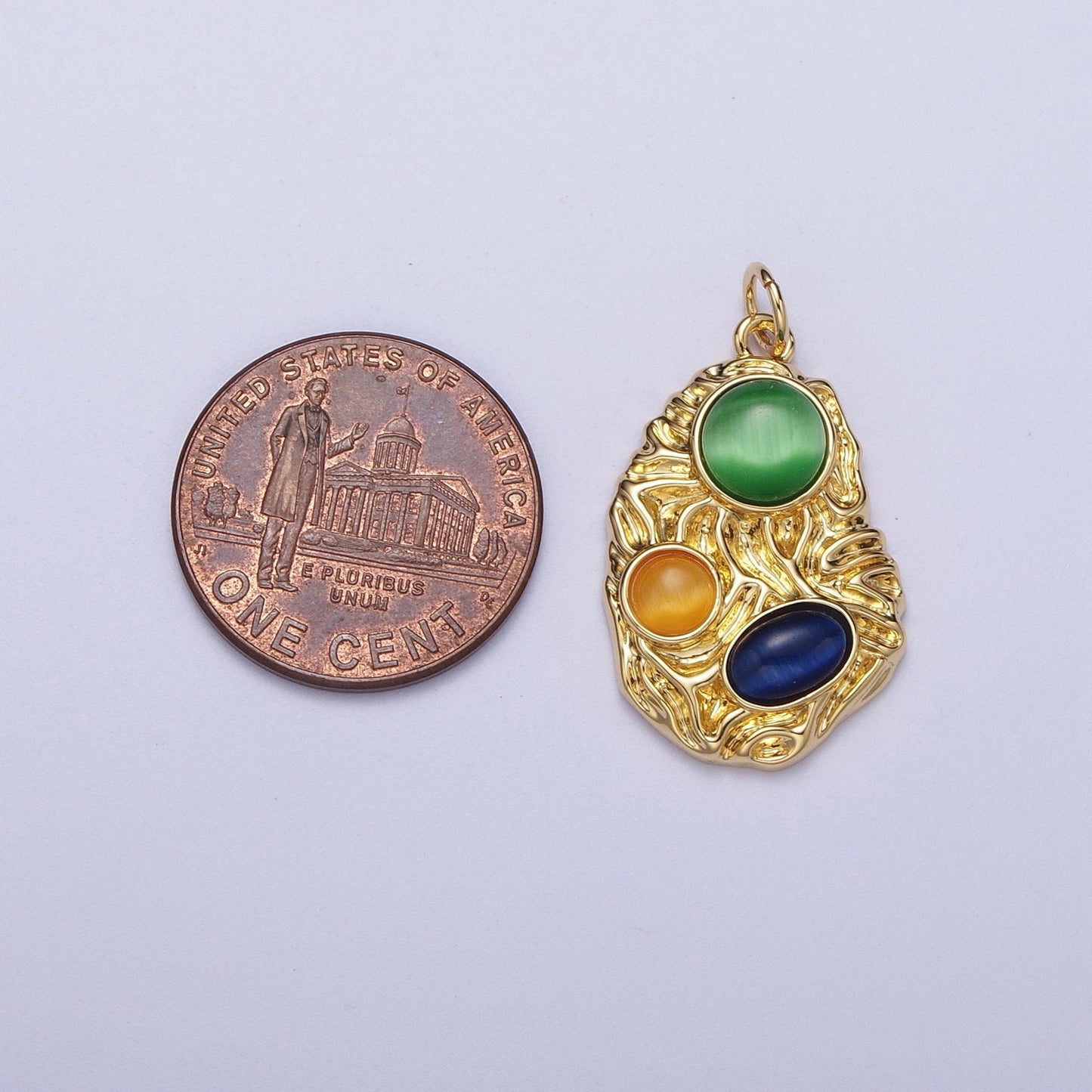 Gold Abstract Textured Pendant, 24K Gold Plated Green Yellow & Blue Cabochon Cat's Eye Gemstones Abstract Charm | N-456