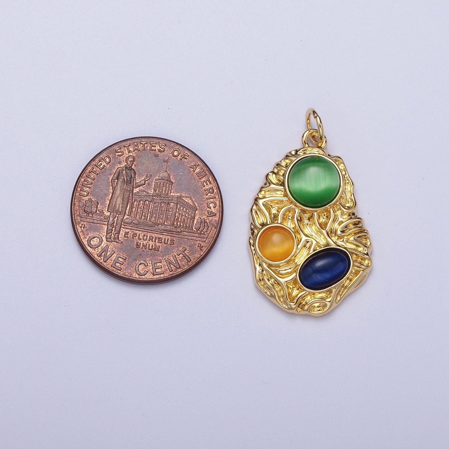 Gold Abstract Textured Pendant, 24K Gold Plated Green Yellow & Blue Cabochon Cat's Eye Gemstones Abstract Charm | N-456