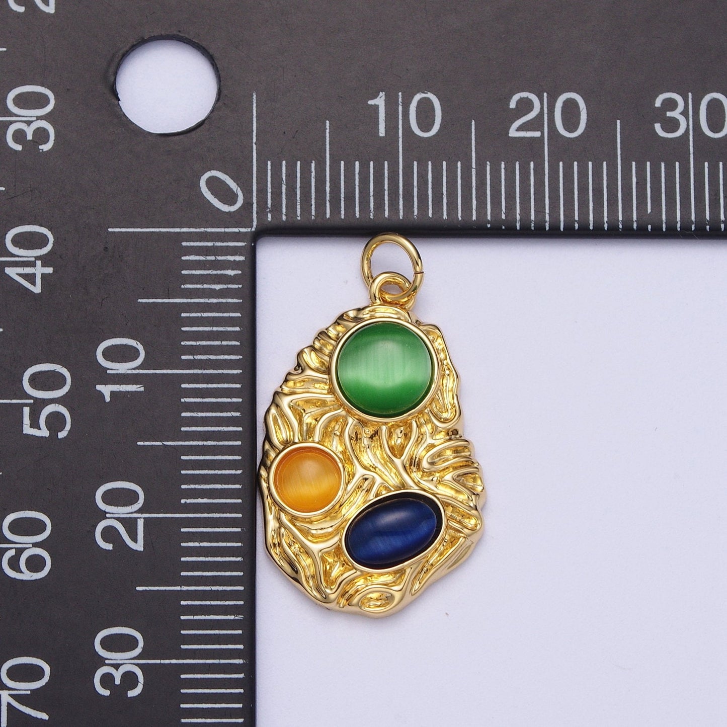 Gold Abstract Textured Pendant, 24K Gold Plated Green Yellow & Blue Cabochon Cat's Eye Gemstones Abstract Charm | N-456