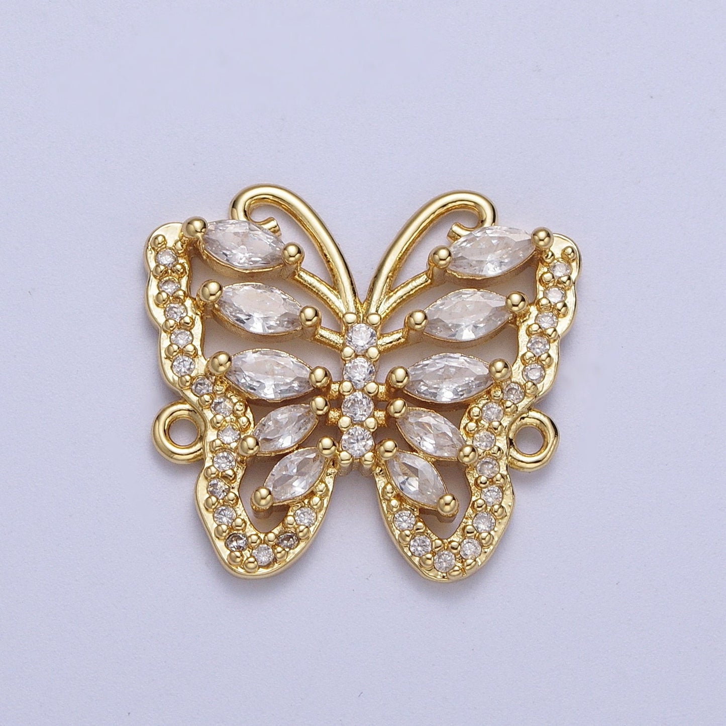 Gold Marquise CZ Butterfly Charm Connector, 24K Gold Plated Micro Paved Clear Marquise Cut CZ Mariposa Butterflies Charm Connector | F-316