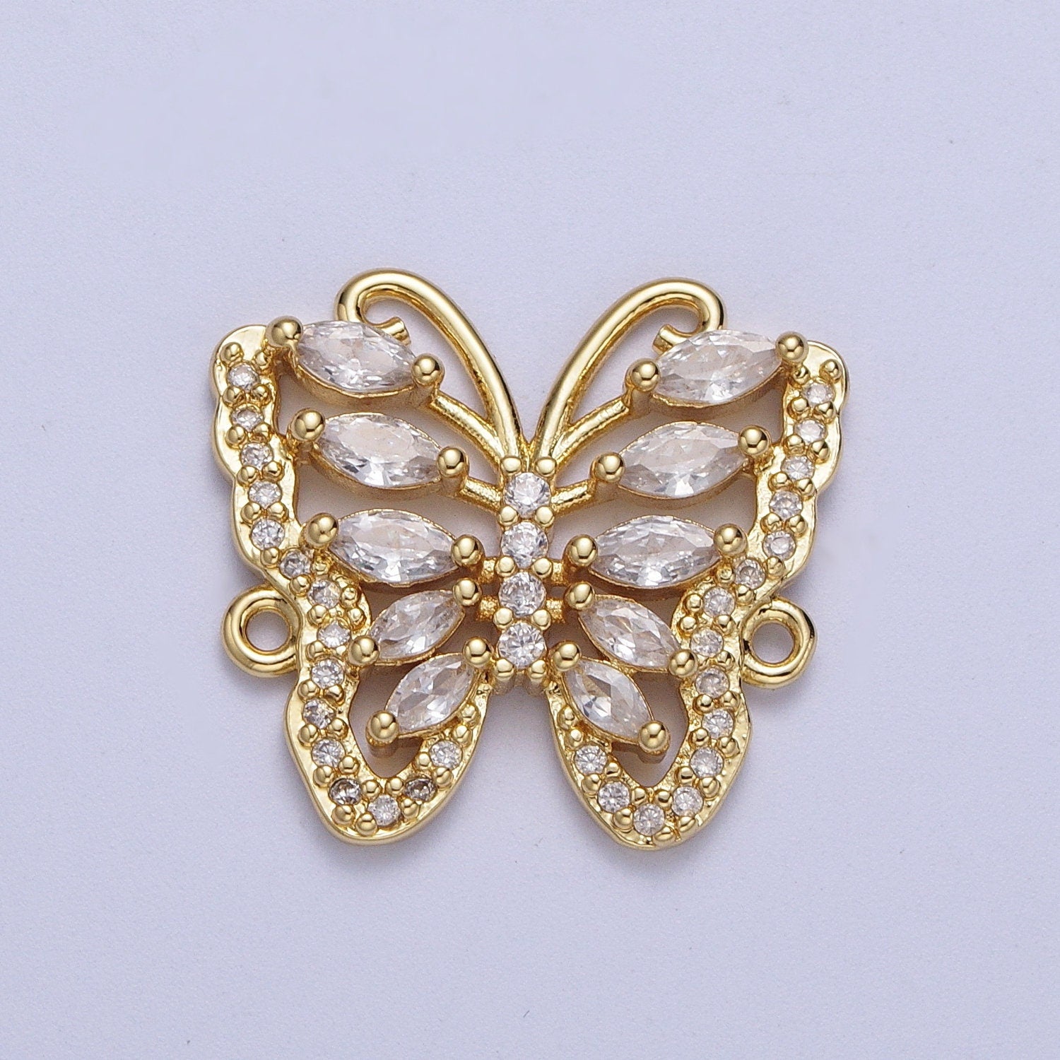 Gold Marquise CZ Butterfly Charm Connector, 24K Gold Plated Micro Paved Clear Marquise Cut CZ Mariposa Butterflies Charm Connector | F-316