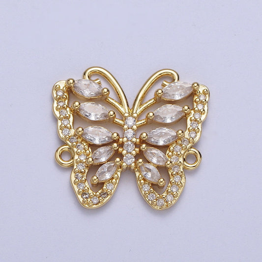 Gold Marquise CZ Butterfly Charm Connector, 24K Gold Plated Micro Paved Clear Marquise Cut CZ Mariposa Butterflies Charm Connector | F-316