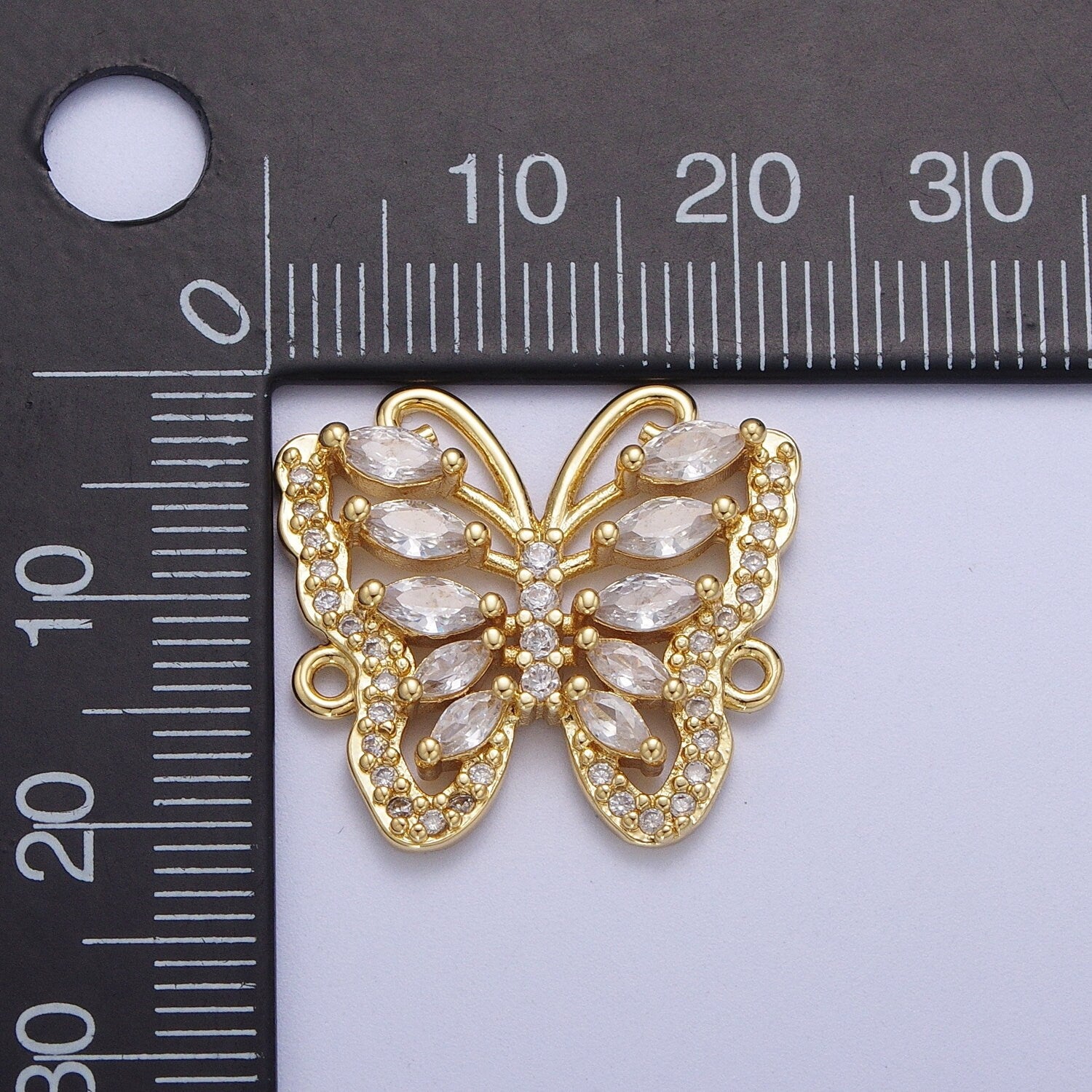 Gold Marquise CZ Butterfly Charm Connector, 24K Gold Plated Micro Paved Clear Marquise Cut CZ Mariposa Butterflies Charm Connector | F-316