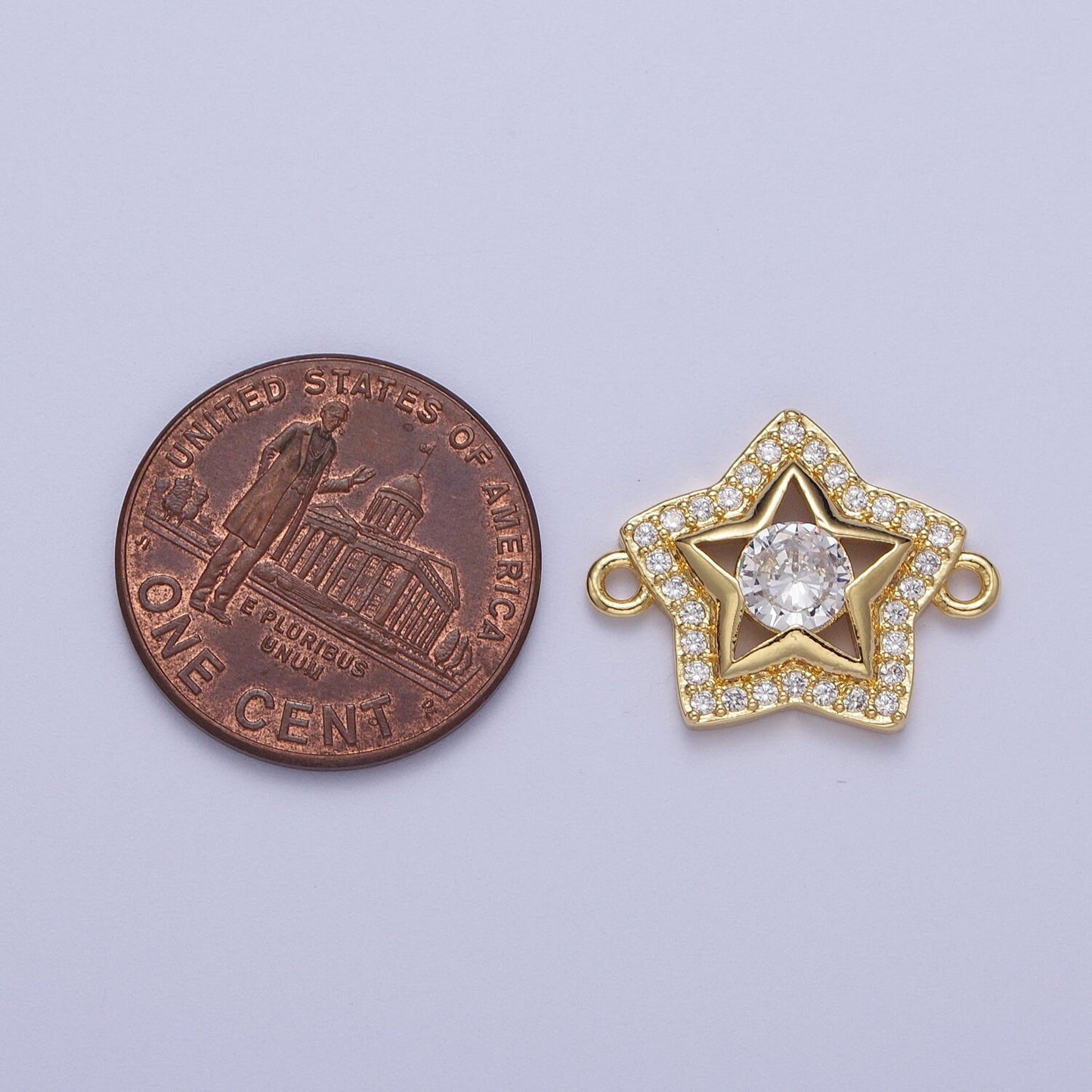 Dainty Gold CZ Star Charm Connector, 24K Gold Plated Clear Micro Paved CZ Stars Layered Hollow Center Celestial Link Connector | F-201