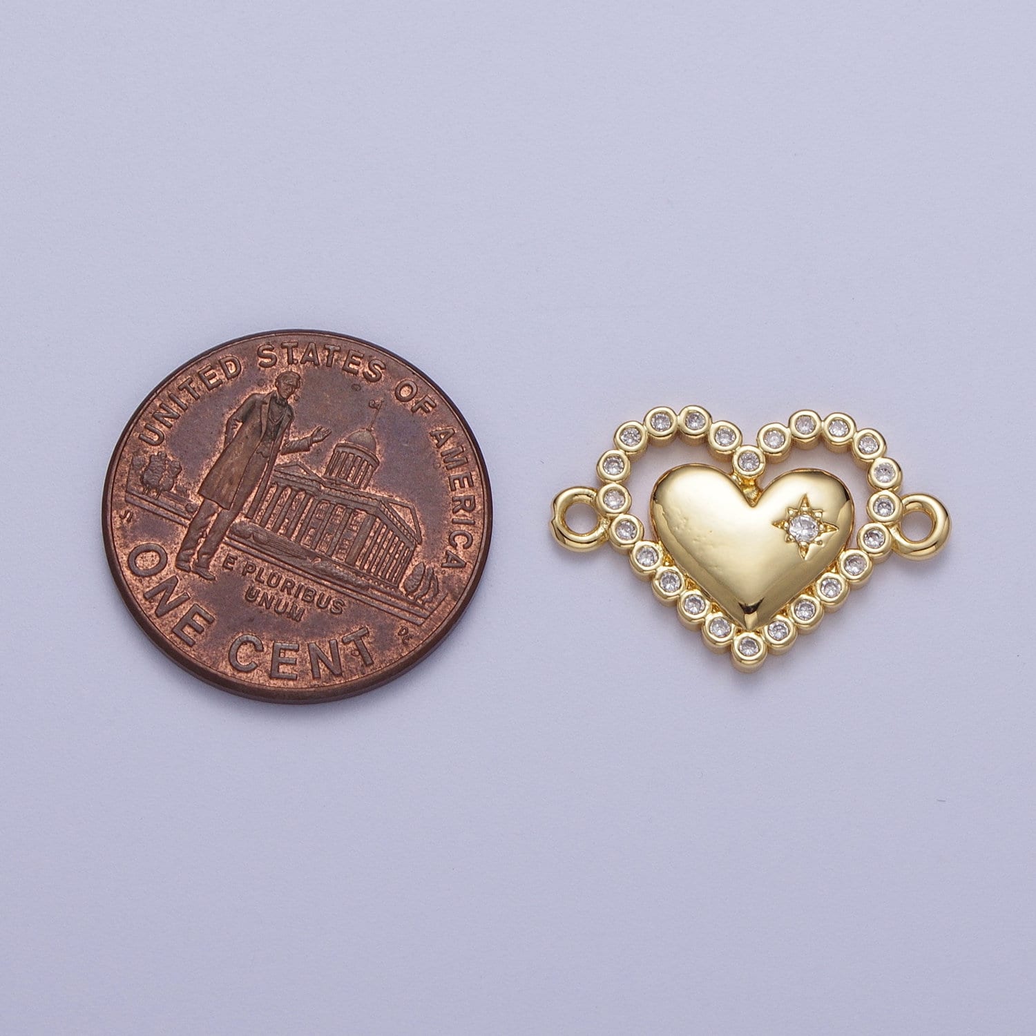 Gold CZ Heart Charm Connector, 24K Gold Plated Clear Micro Paved CZ Beaded Edge Love Heart North Star Link Connector | F-206