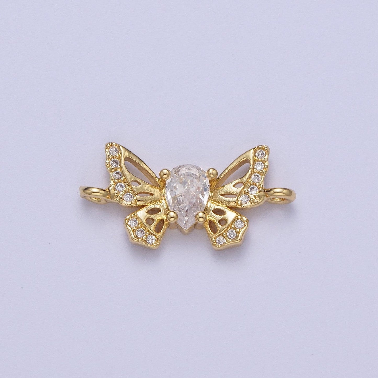 Dainty Gold Marquise CZ Butterfly Charm Connector, 24K Gold Plated Micro Paved Clear CZ Mariposa Butterflies Charm Connector | F-315