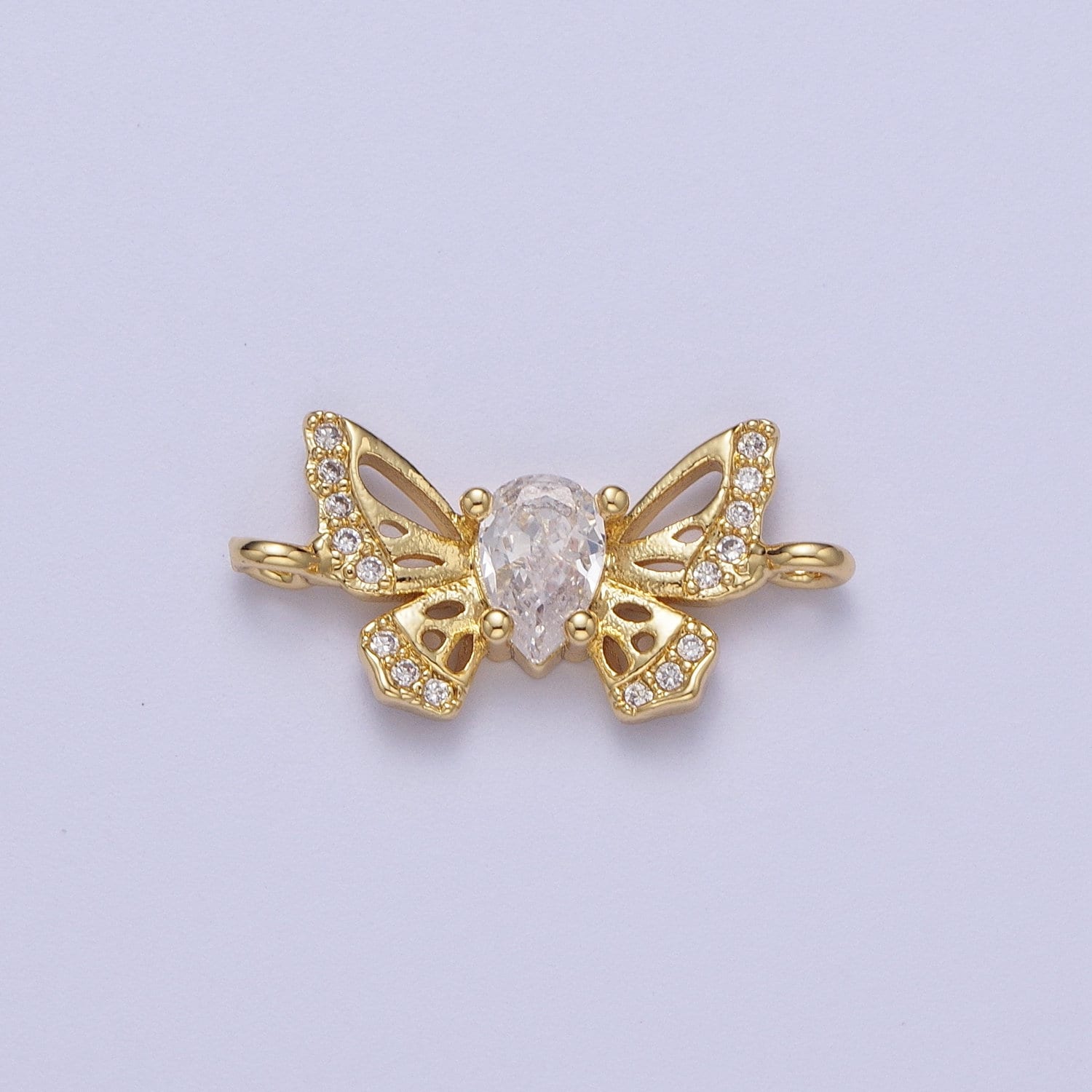 Dainty Gold Marquise CZ Butterfly Charm Connector, 24K Gold Plated Micro Paved Clear CZ Mariposa Butterflies Charm Connector | F-315