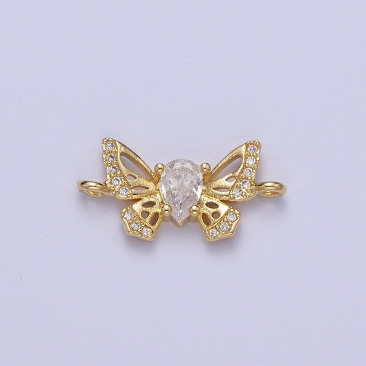 Dainty Gold Marquise CZ Butterfly Charm Connector, 24K Gold Plated Micro Paved Clear CZ Mariposa Butterflies Charm Connector | F-315