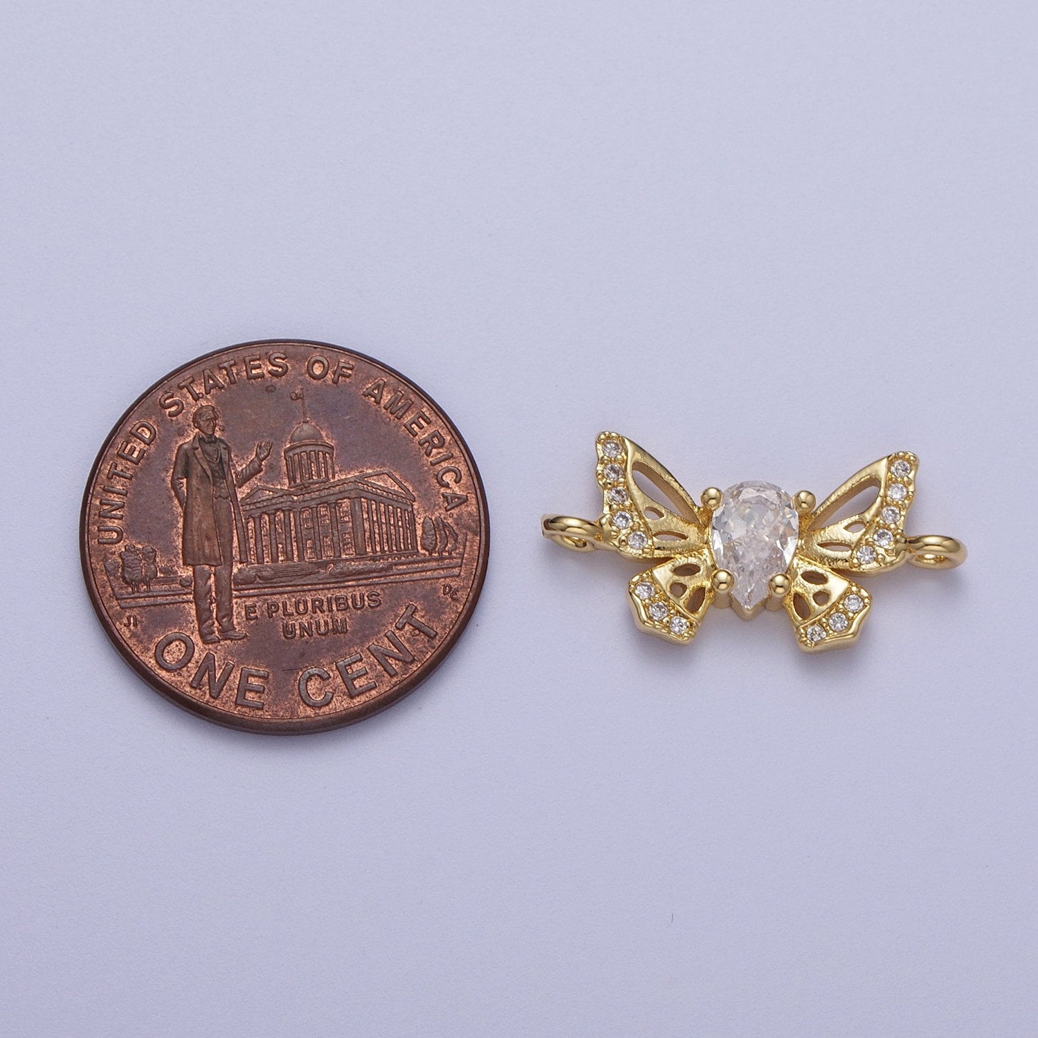 Dainty Gold Marquise CZ Butterfly Charm Connector, 24K Gold Plated Micro Paved Clear CZ Mariposa Butterflies Charm Connector | F-315