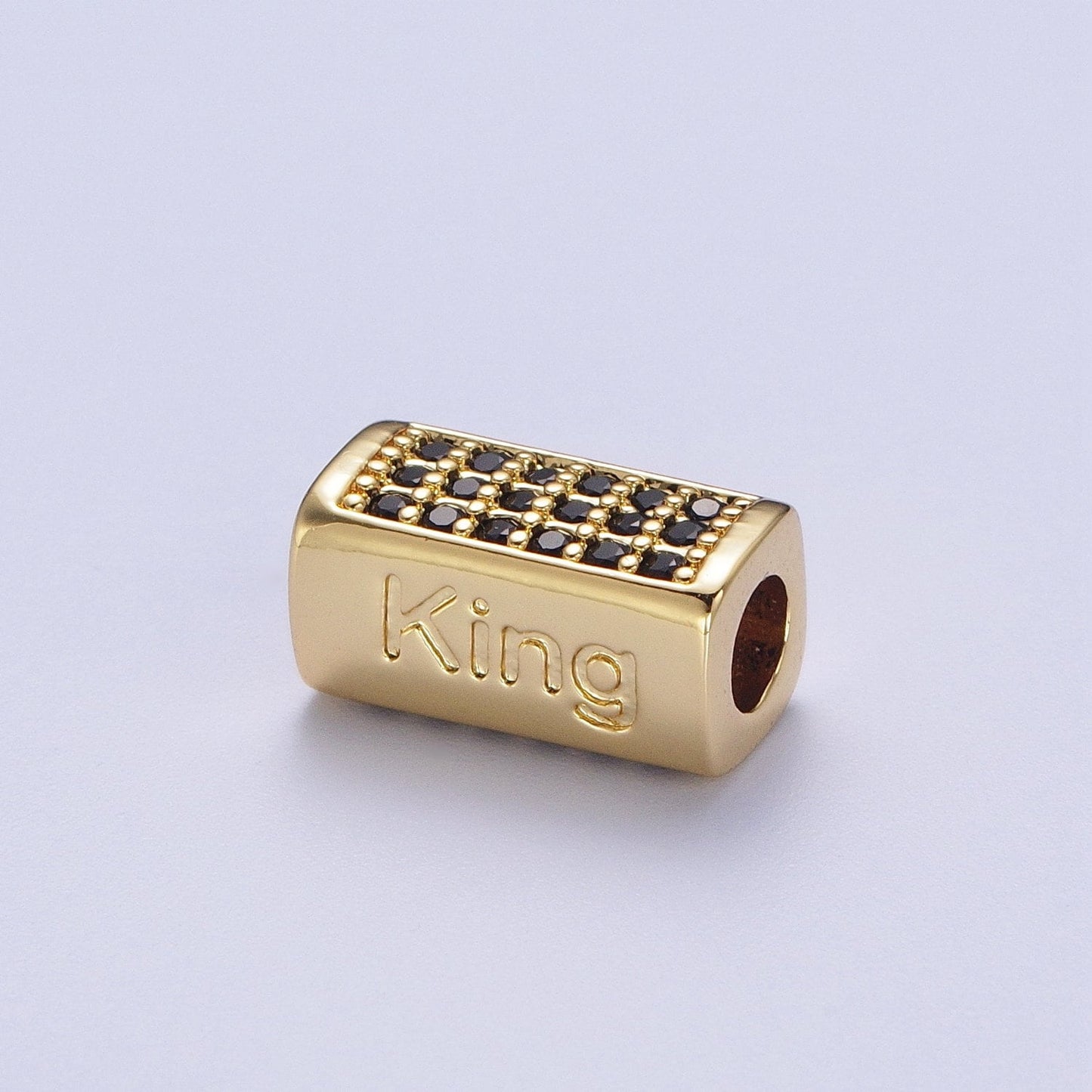 Gold/Silver King Embossed Lettering Black CZ Rectangular Bead Spacer, Gold Plated Open Micro Paved Black CZ King Bead Spacer | B-073
