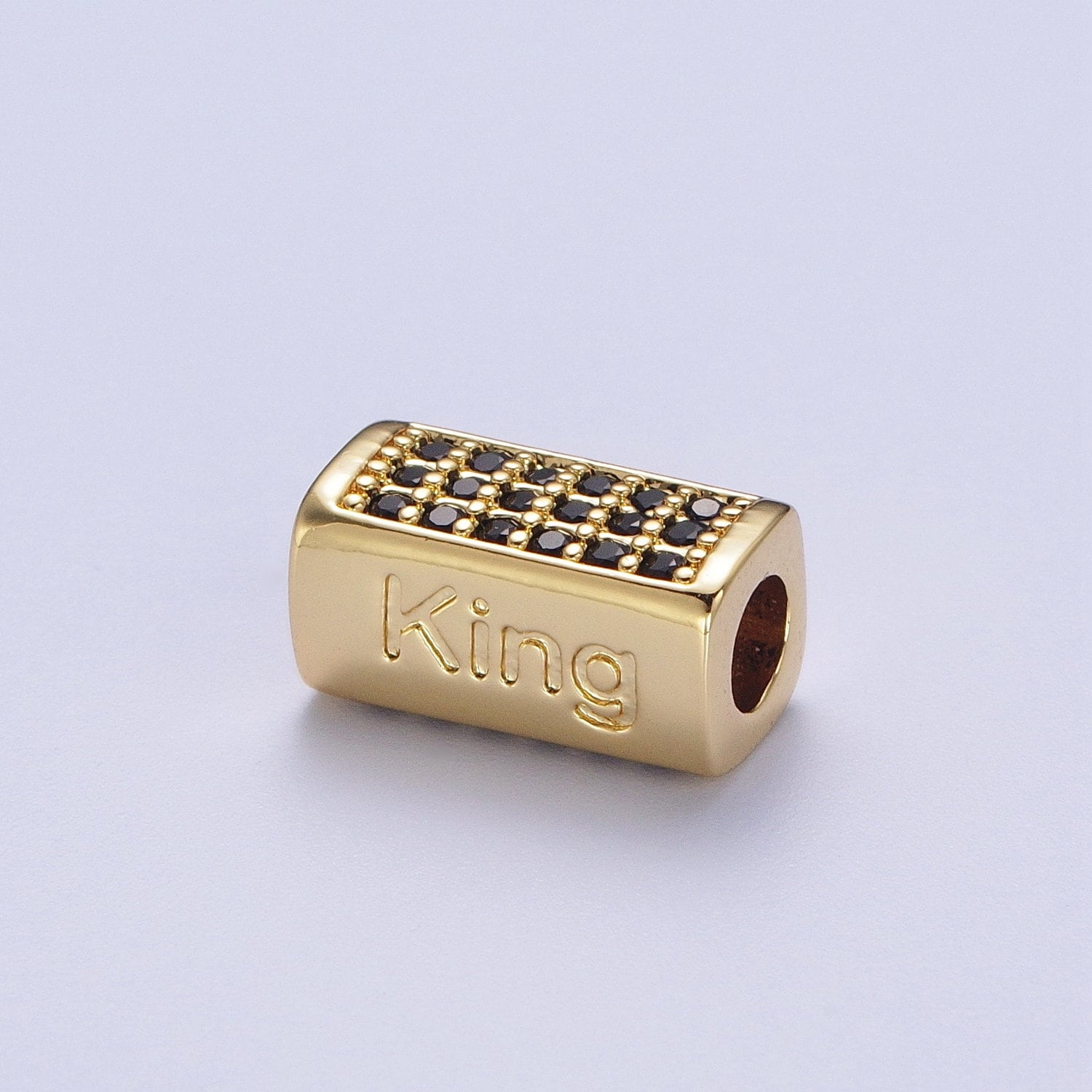Gold/Silver King Embossed Lettering Black CZ Rectangular Bead Spacer, Gold Plated Open Micro Paved Black CZ King Bead Spacer | B-073