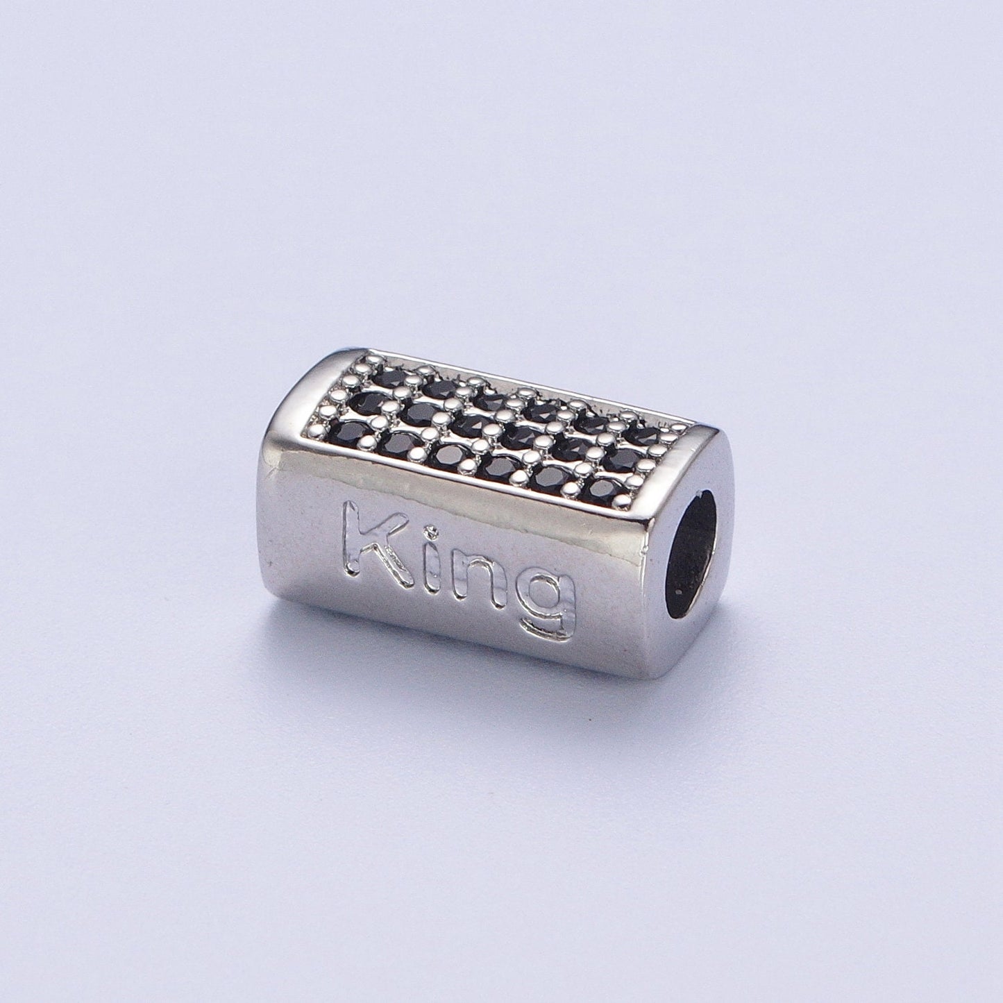 Gold/Silver King Embossed Lettering Black CZ Rectangular Bead Spacer, Gold Plated Open Micro Paved Black CZ King Bead Spacer | B-073
