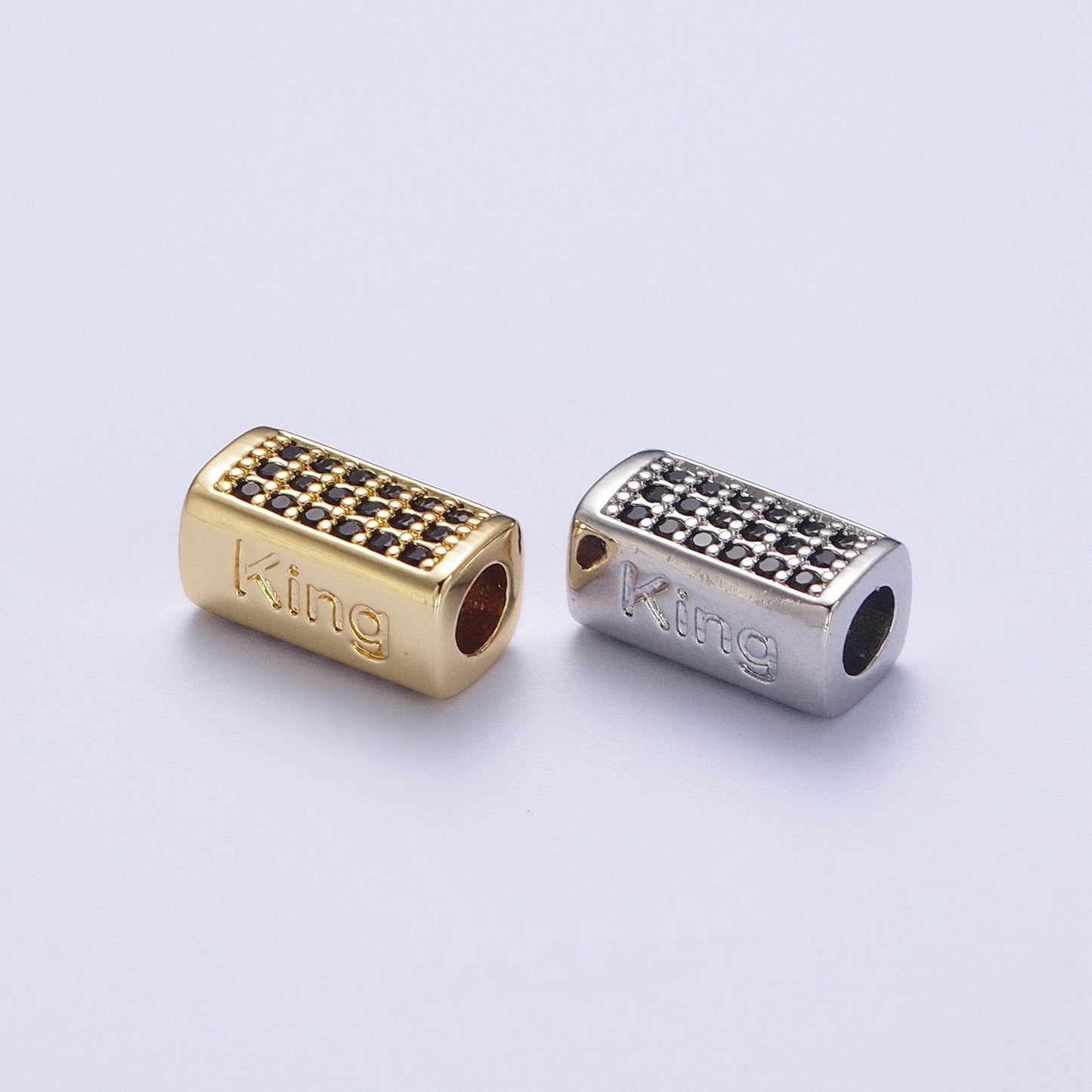 Gold/Silver King Embossed Lettering Black CZ Rectangular Bead Spacer, Gold Plated Open Micro Paved Black CZ King Bead Spacer | B-073