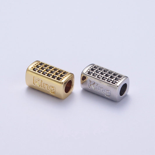 Gold/Silver King Embossed Lettering Black CZ Rectangular Bead Spacer, Gold Plated Open Micro Paved Black CZ King Bead Spacer | B-073