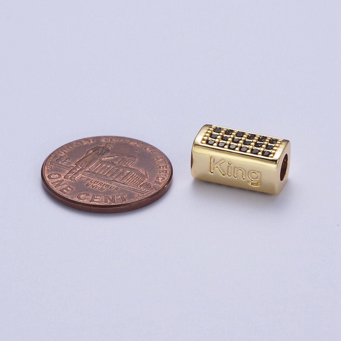 Gold/Silver King Embossed Lettering Black CZ Rectangular Bead Spacer, Gold Plated Open Micro Paved Black CZ King Bead Spacer | B-073