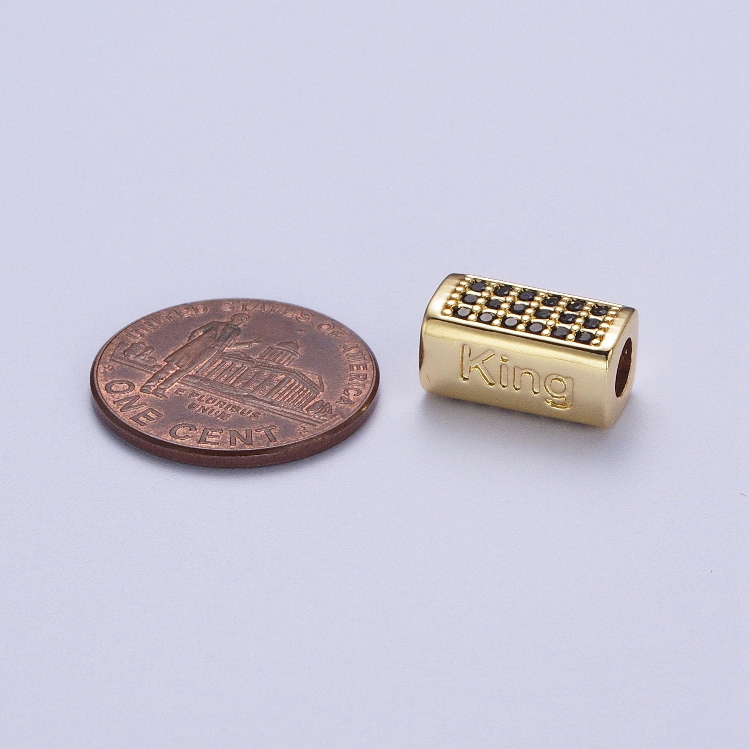 Gold/Silver King Embossed Lettering Black CZ Rectangular Bead Spacer, Gold Plated Open Micro Paved Black CZ King Bead Spacer | B-073