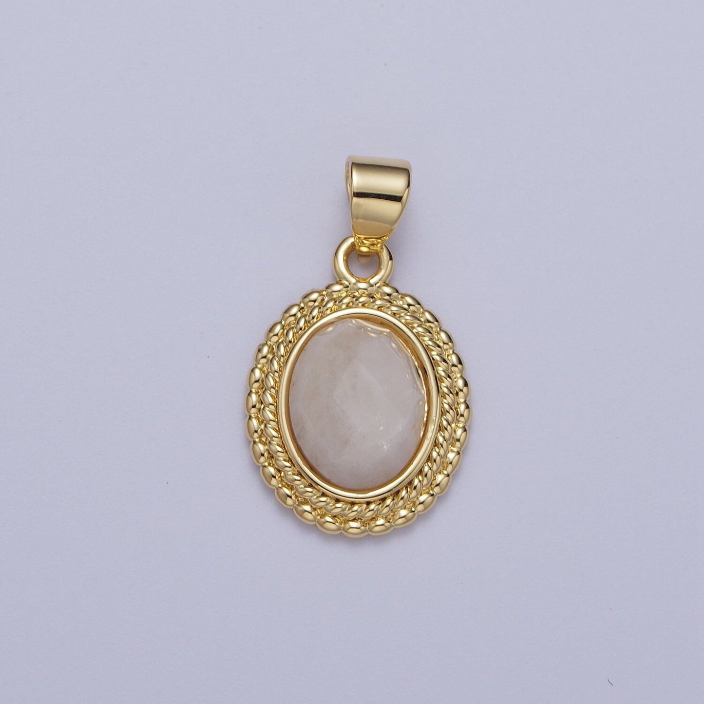 Gold Natural Moonstone Twisted Baguette Decorative Frame Pendant, 24K Gold Plated Oval Moonstone Rope Frame Charm | H-604