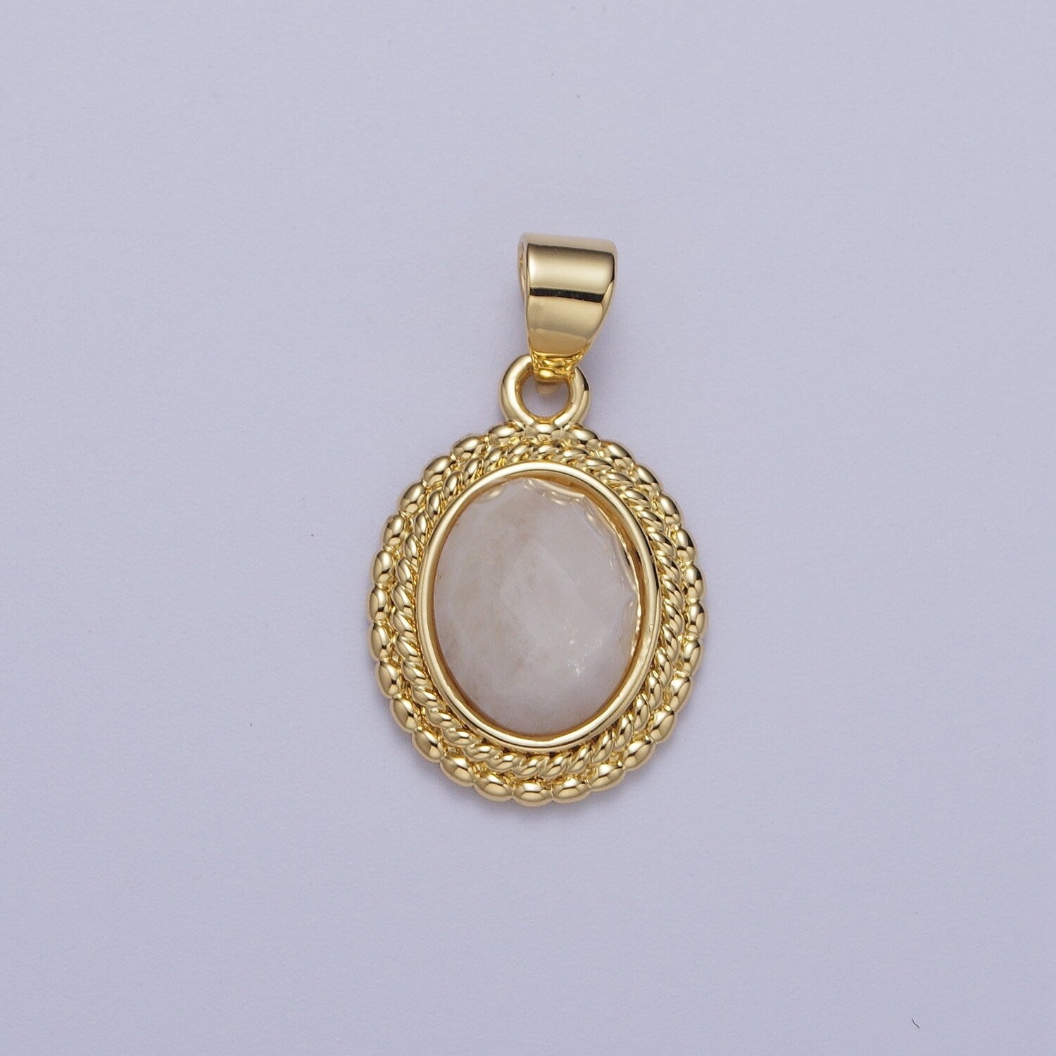 Gold Natural Moonstone Twisted Baguette Decorative Frame Pendant, 24K Gold Plated Oval Moonstone Rope Frame Charm | H-604