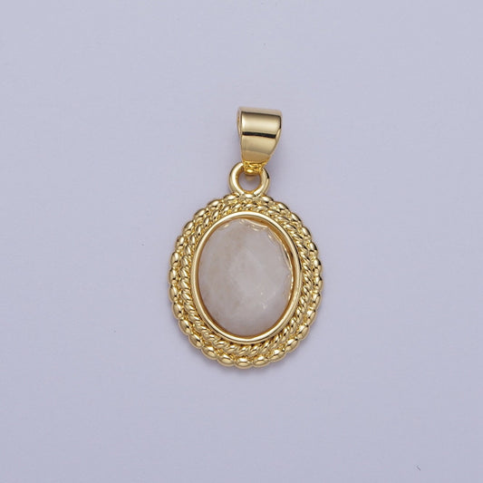 Gold Natural Moonstone Twisted Baguette Decorative Frame Pendant, 24K Gold Plated Oval Moonstone Rope Frame Charm | H-604