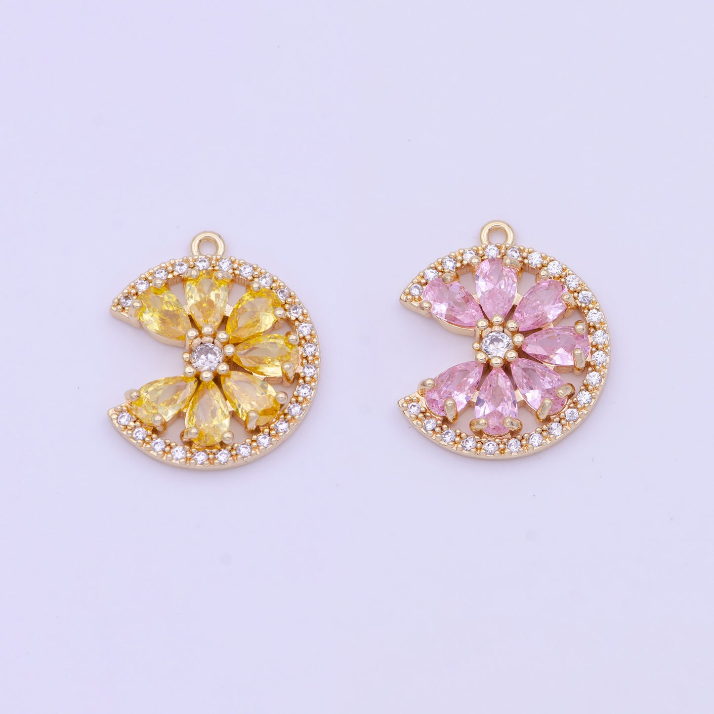 14K Gold Filled Micro Paved Teardrop CZ Crescent Moon Flower Lemon Charm | X744 X745