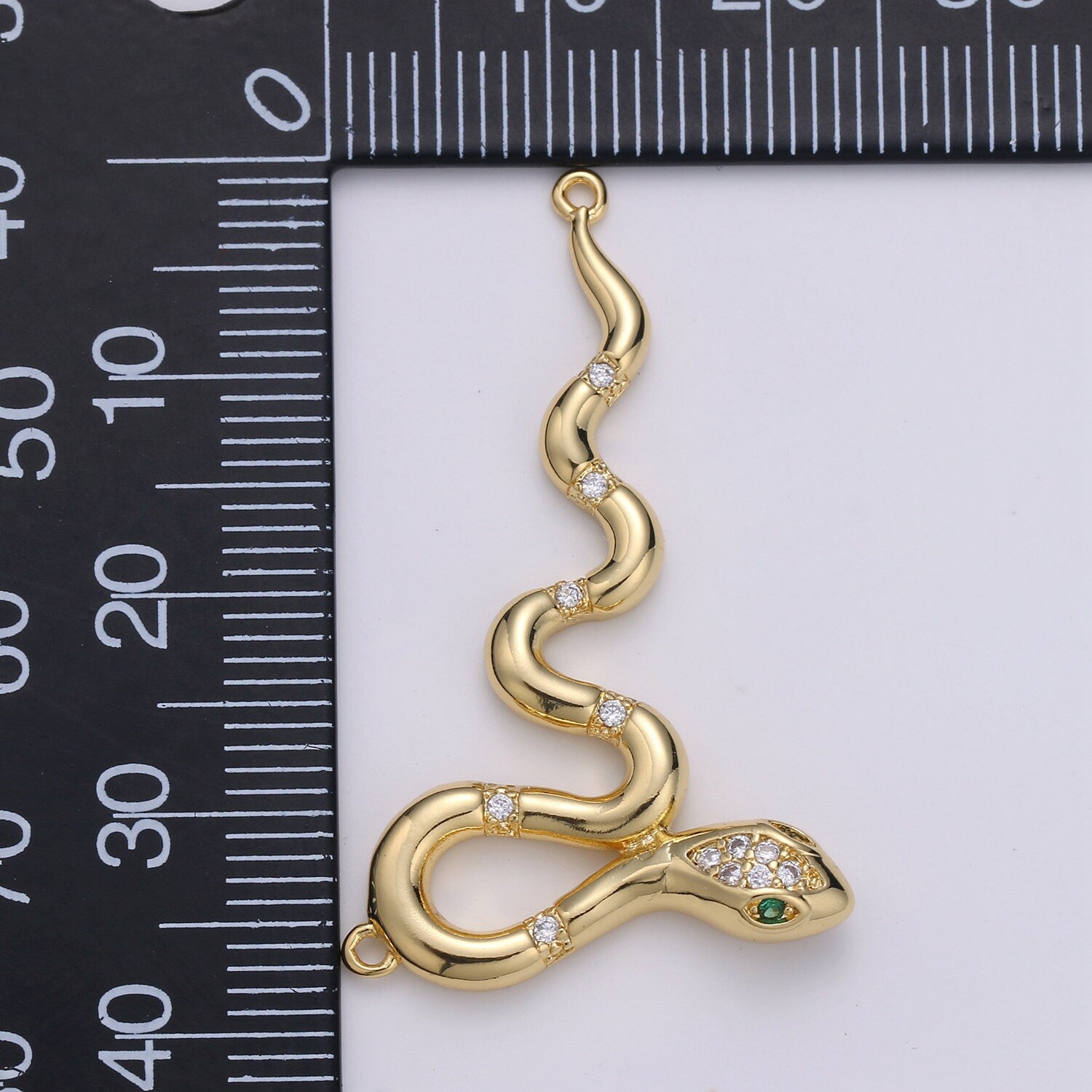 Elegant Gold CZ Emerald Green-Eyed Snake Charm Connector, 14K Gold Filled Clear Micro Paved CZ Long Snake Link Connector | F-429