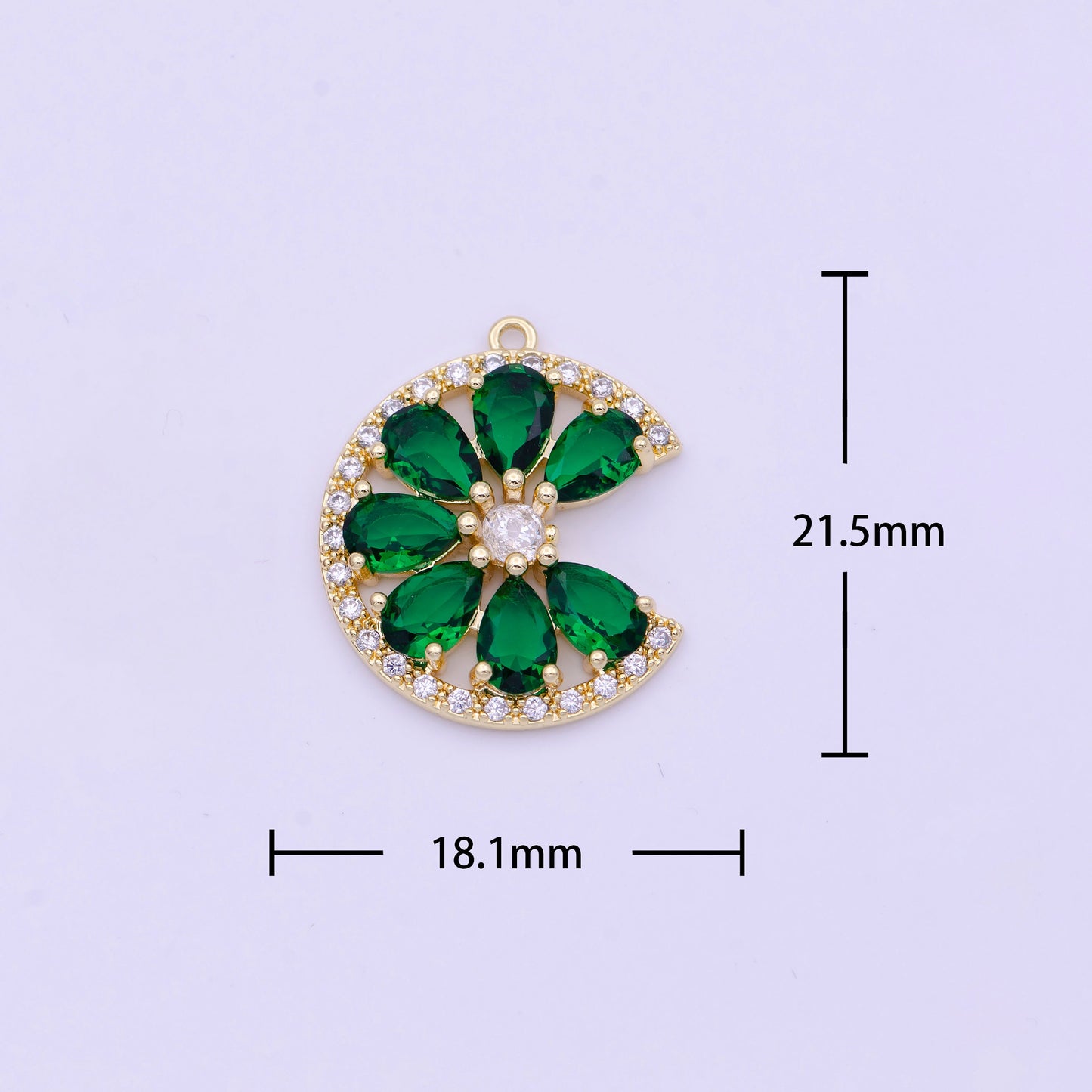 Gold Plated Emerald Green Teardrop CZ Crescent Moon Flower Charm D-569