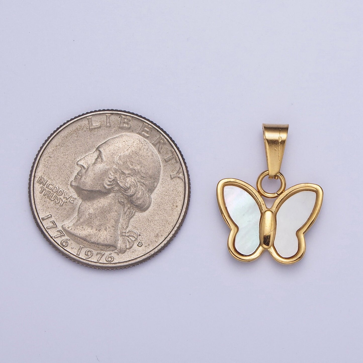 Dainty Gold Pearl Butterfly Pendant, 24K Gold Filled Stainless Steel w. Shell Pearl Mariposa Butterfly Charm | X-653