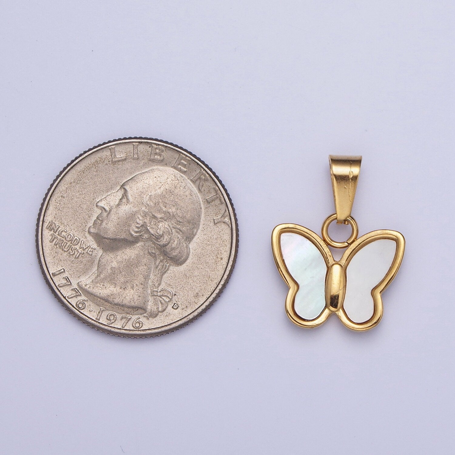 Dainty Gold Pearl Butterfly Pendant, 24K Gold Filled Stainless Steel w. Shell Pearl Mariposa Butterfly Charm | X-653