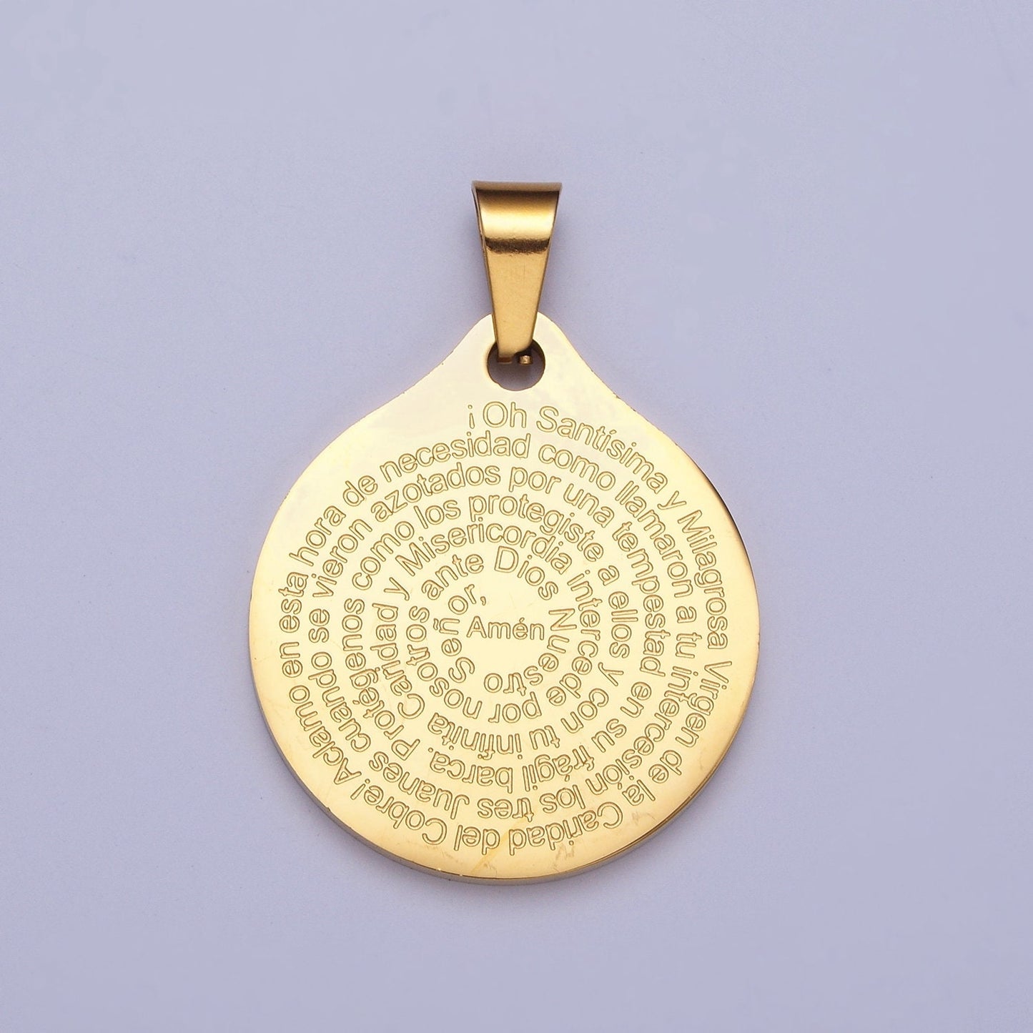 Virgin Mary Lady Guadalupe & Baby Jesus w. Spanish Religious Prayer Double-Sided 24K Gold Filled Stainless Steel Medallion Pendant | X-657
