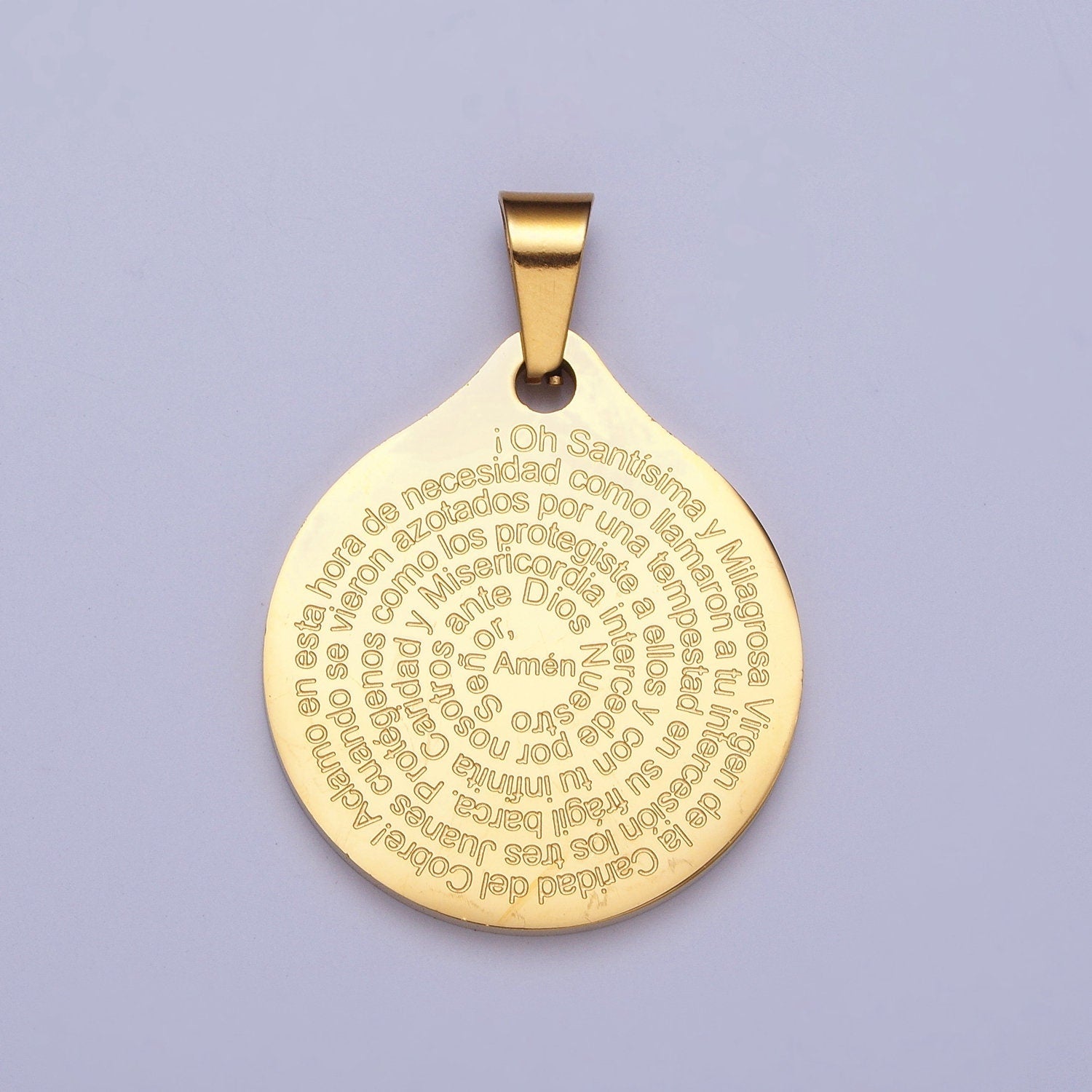 Virgin Mary Lady Guadalupe & Baby Jesus w. Spanish Religious Prayer Double-Sided 24K Gold Filled Stainless Steel Medallion Pendant | X-657