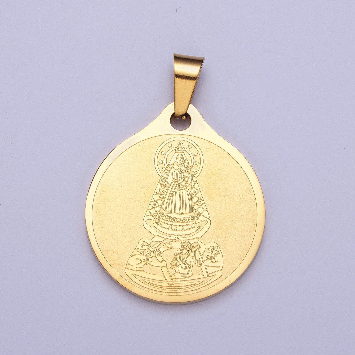 Virgin Mary Lady Guadalupe & Baby Jesus w. Spanish Religious Prayer Double-Sided 24K Gold Filled Stainless Steel Medallion Pendant | X-657