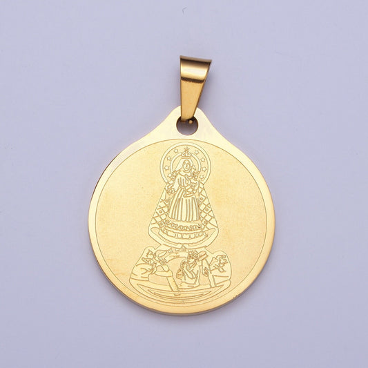 Virgin Mary Lady Guadalupe & Baby Jesus w. Spanish Religious Prayer Double-Sided 24K Gold Filled Stainless Steel Medallion Pendant | X-657